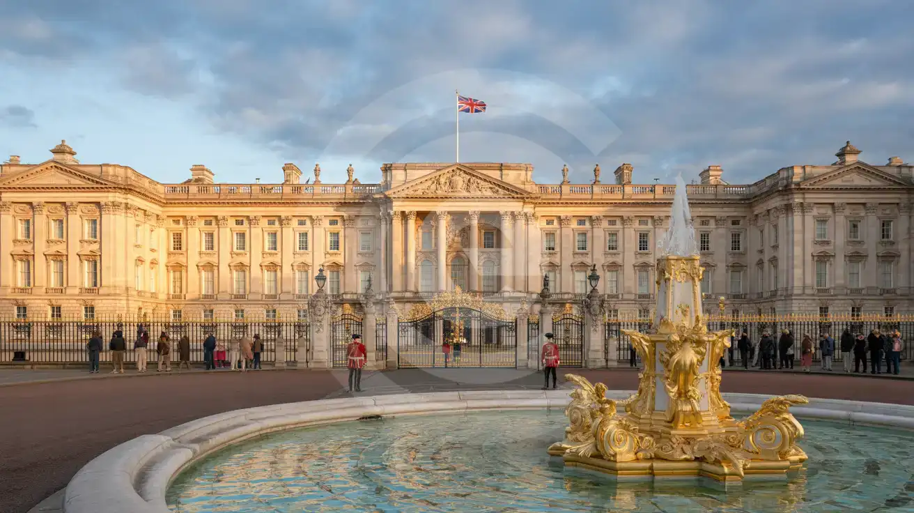 Buckingham Palace's east facade bathed in golden evening light with the Victoria Memorial in the foreground