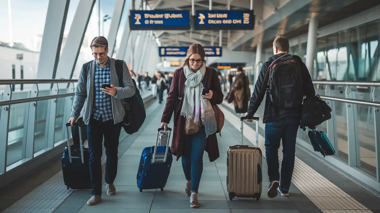 Voyageurs quittant l'aéroport d'Édimbourg et vérifiant leurs téléphones avant de se rendre en ville
