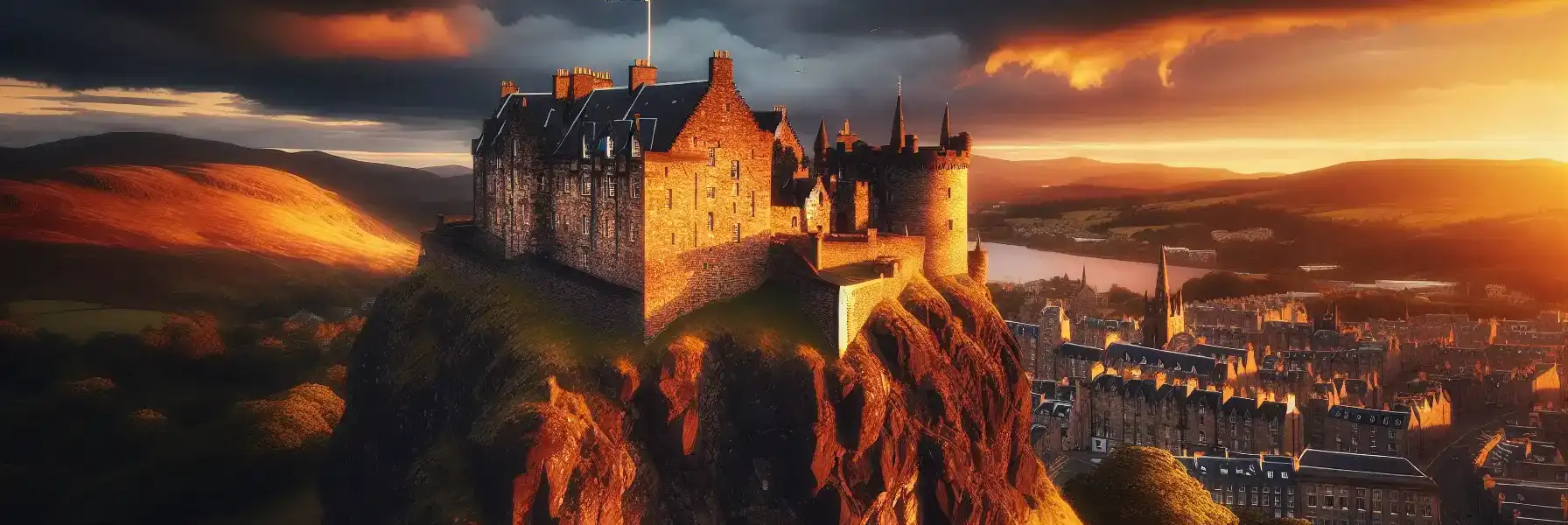 Castelul Edinburgh cocoțat dramatic pe Stânca Castelului la apus, cu orașul întinzându-se dedesubt și steagul scoțian fluturând