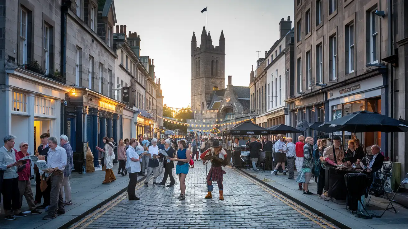 Festival crowds and street performers in central Edinburgh during Fringe season