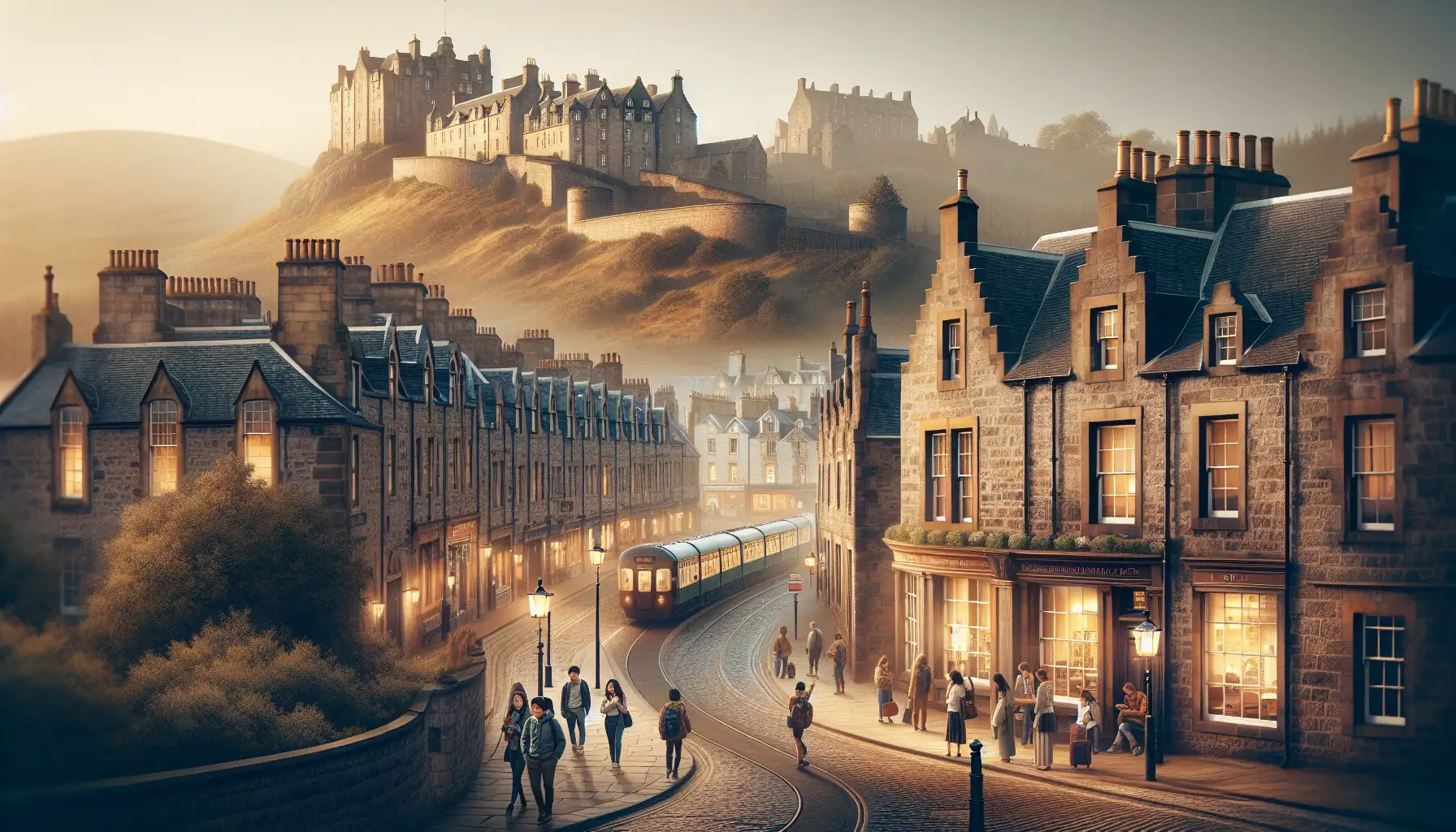 Călători folosind telefoane în centrul Edinburgh, cu străzi istorice și orizontul orașului în fundal