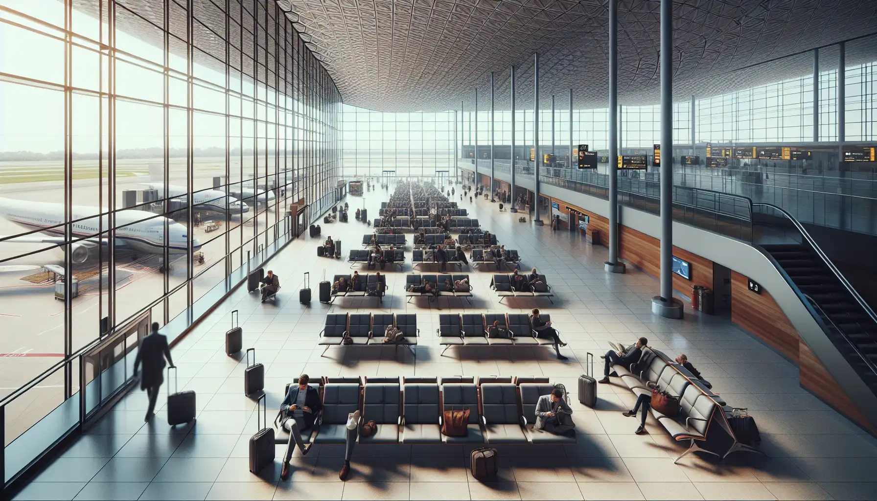 Călători folosind telefoane în sala de sosiri a Aeroportului Heathrow
