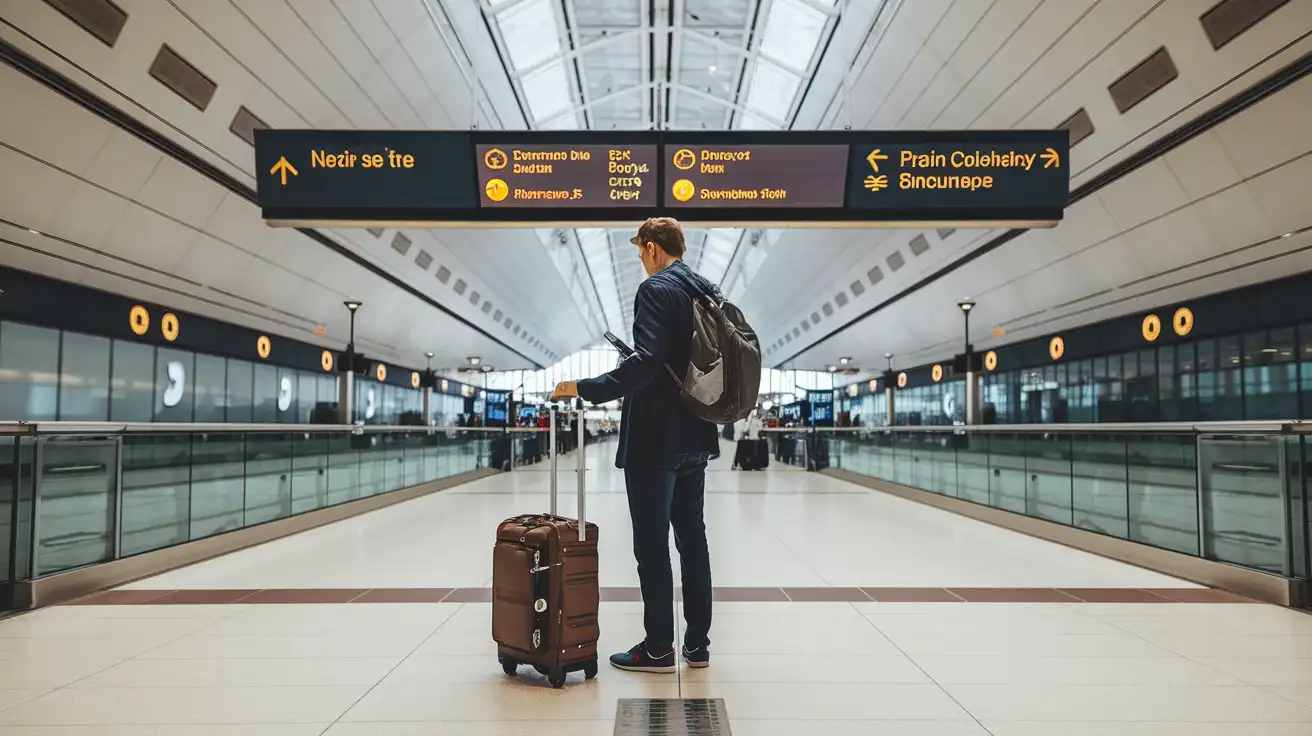 Reisender prüft sein Telefon nach der Ankunft am Flughafen Heathrow