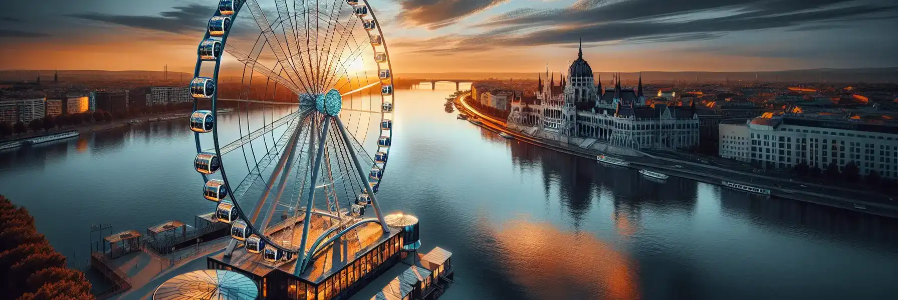Gün batımında Thames Nehri ve Westminster Sarayı manzaralı London Eye dönme dolabı