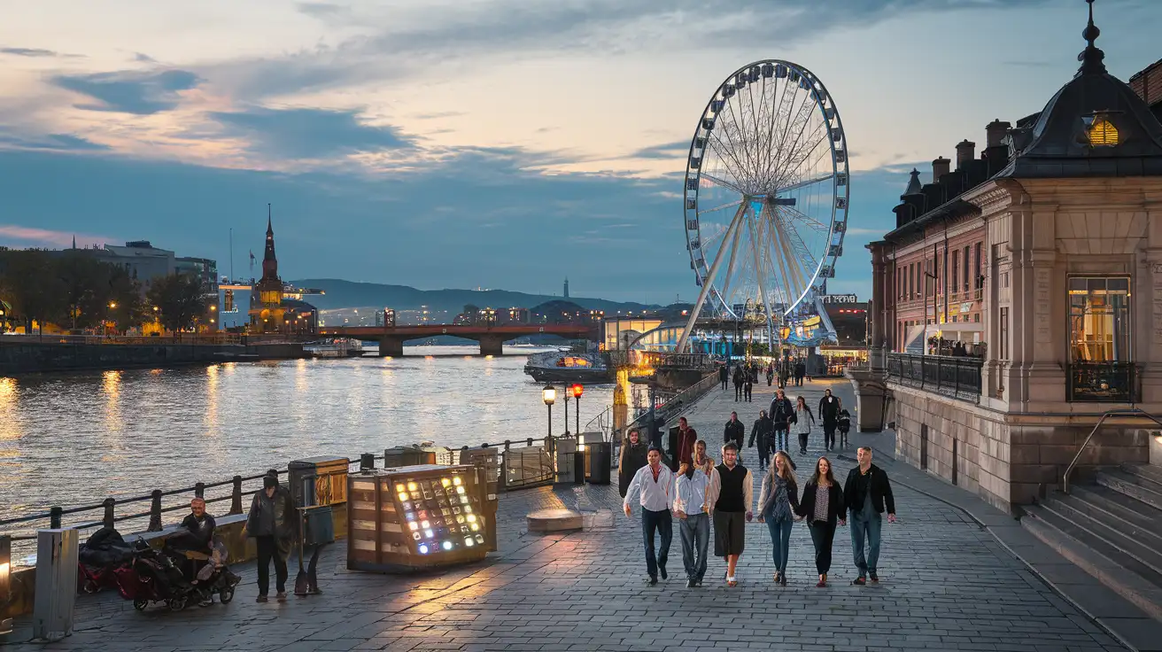 Evening riverside promenade near a giant observation wheel in London