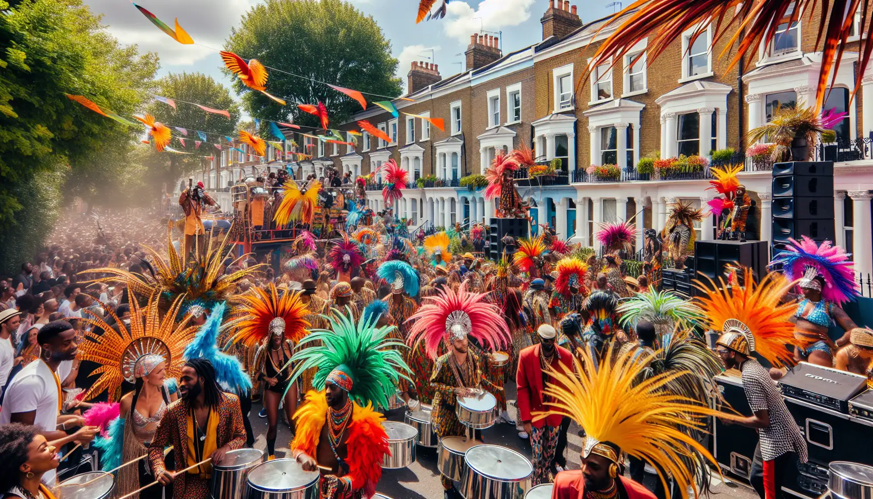 Colorful parade costumes and crowds at a West London street carnival