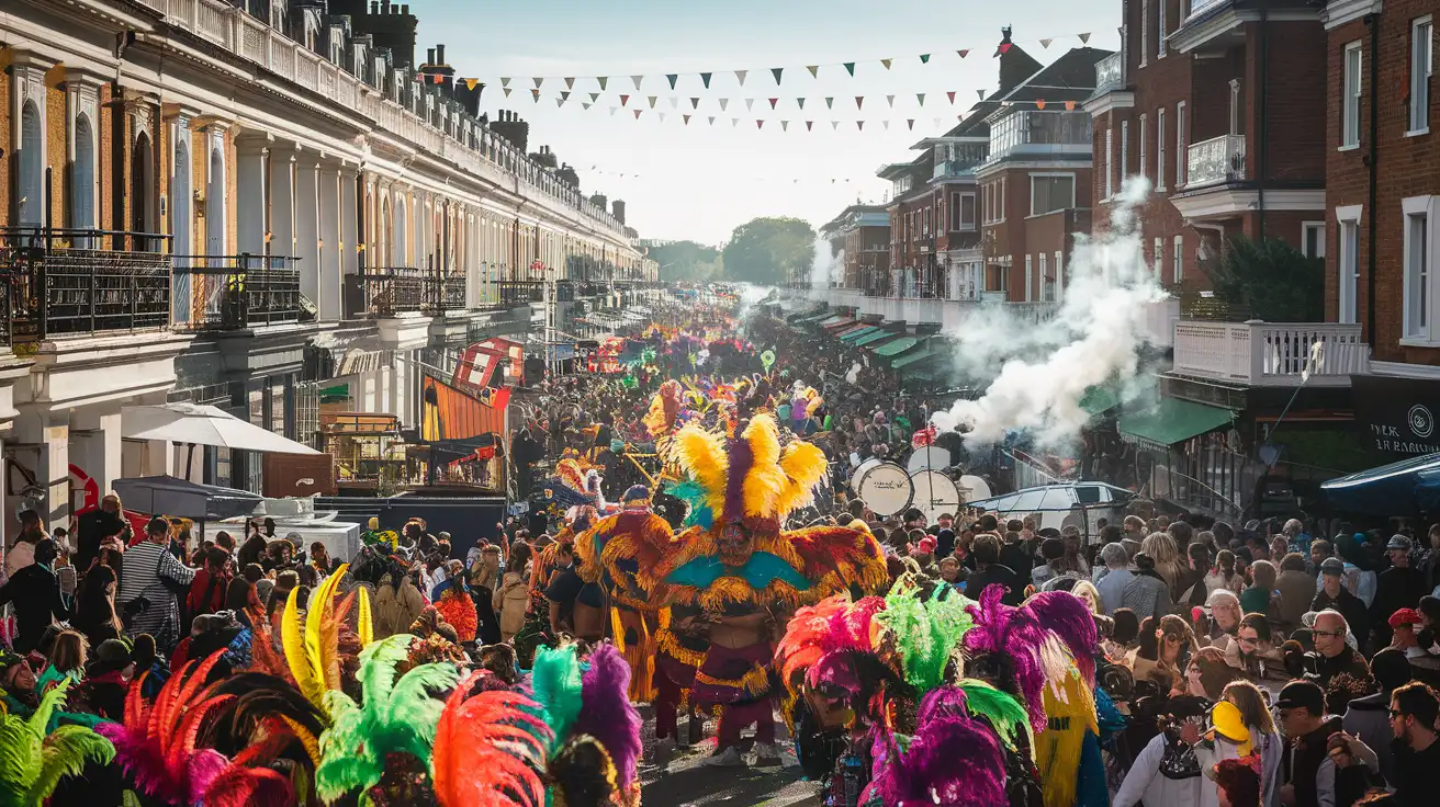 Crowds, costumes and food stalls during a West London street carnival