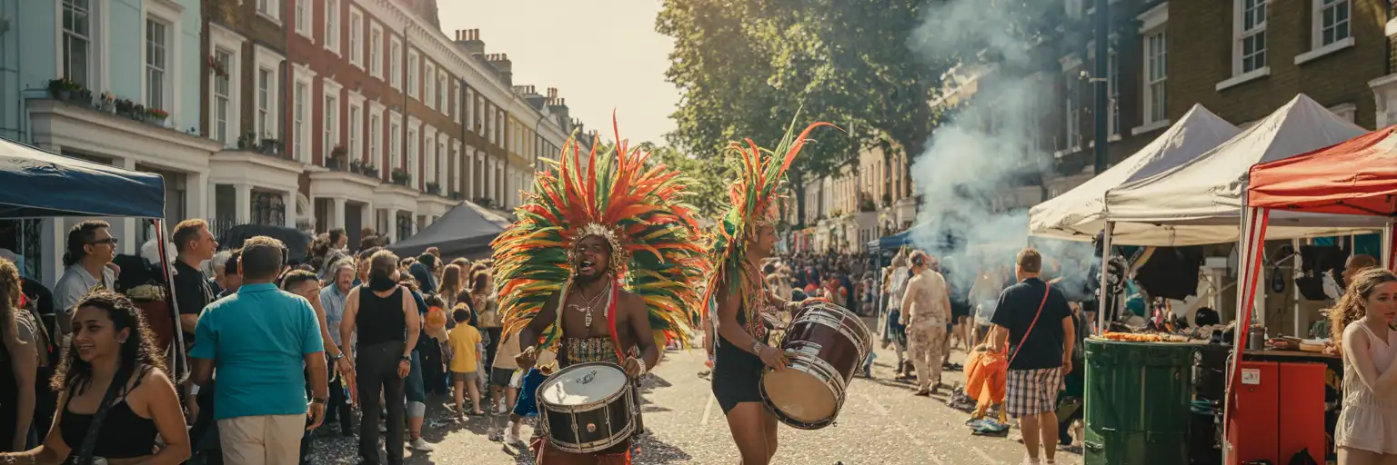 Bunte Kostüme und Menschenmengen bei einem großen Sommer-Straßenfest in West-London