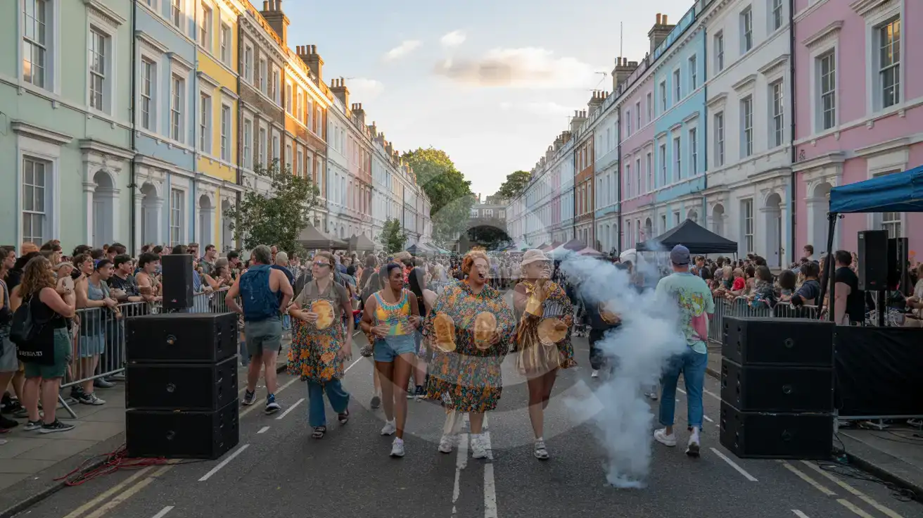 Festivalbesucher und Paradekünstler in einem Viertel von West-London