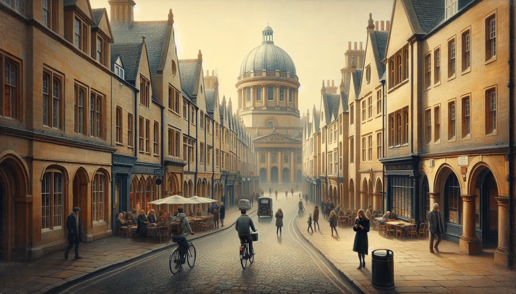 Scenă istorică pe o stradă din Oxford cu călători folosind telefoane lângă clădirile universității