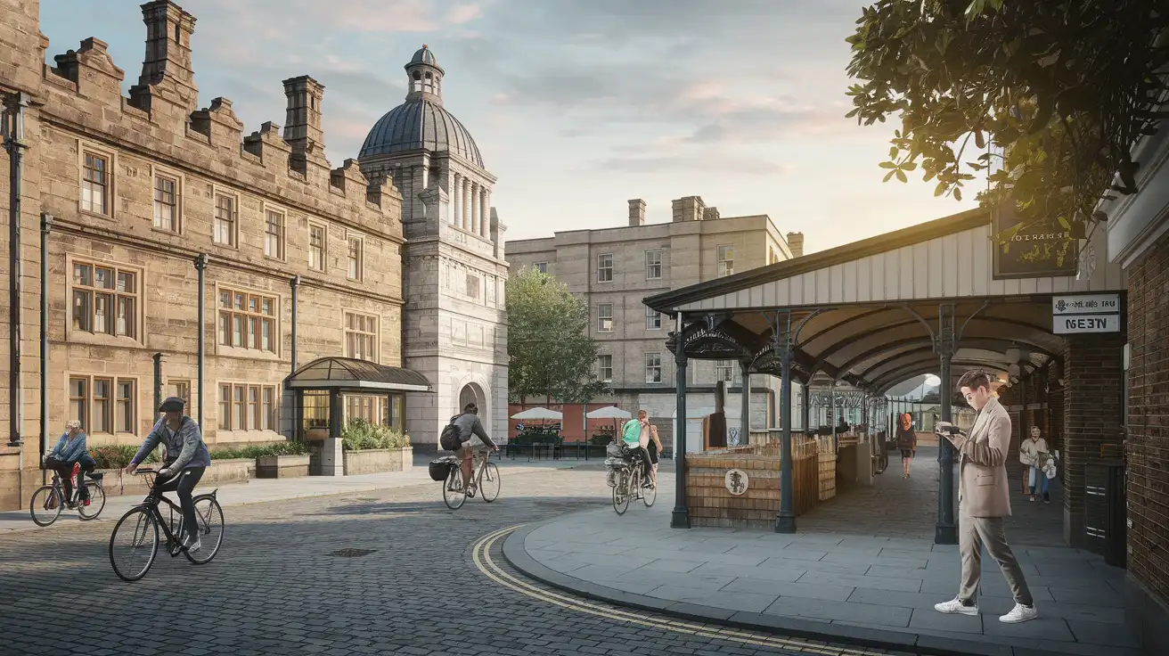 Voyageur consultant son téléphone dans le centre d'Oxford près des bâtiments historiques et des rues commerçantes