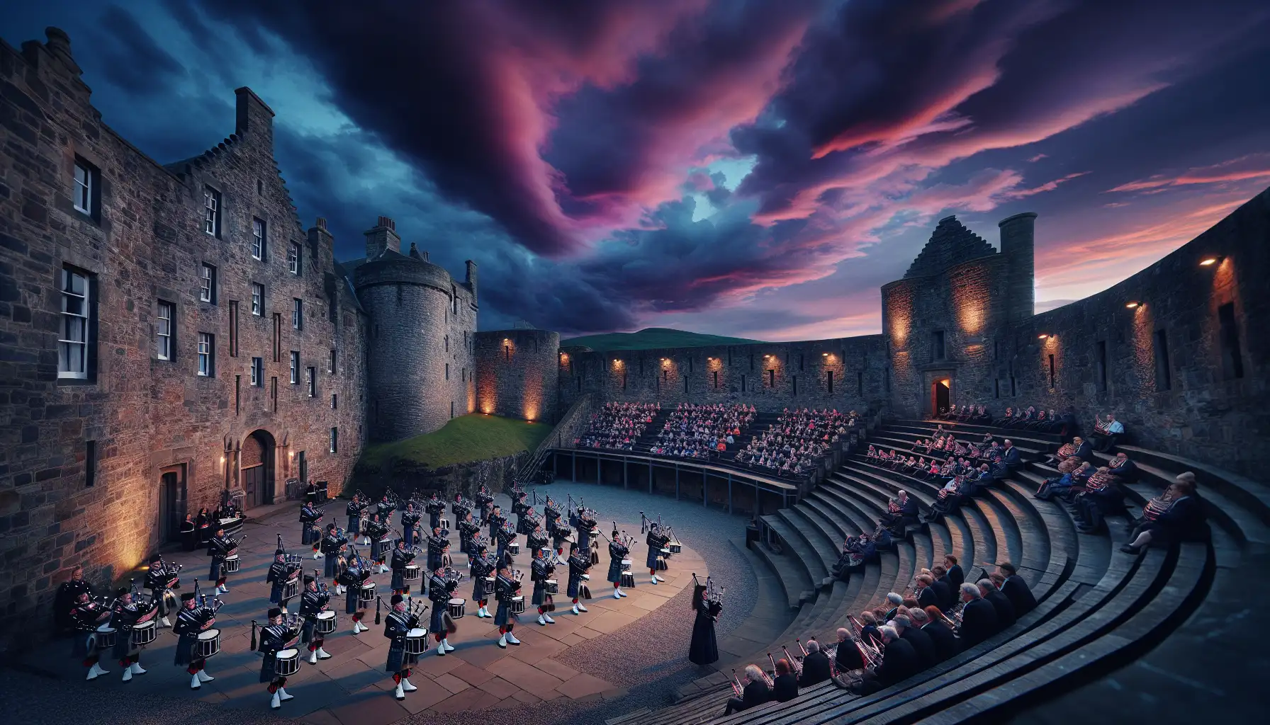 Evening performance atmosphere at a castle esplanade during The Royal Edinburgh Military Tattoo in Edinburgh