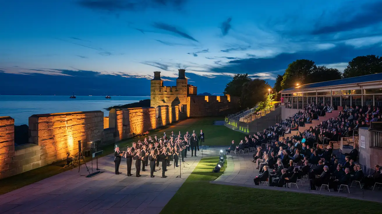 Evening atmosphere at a ceremonial performance outside Edinburgh Castle during Tattoo season