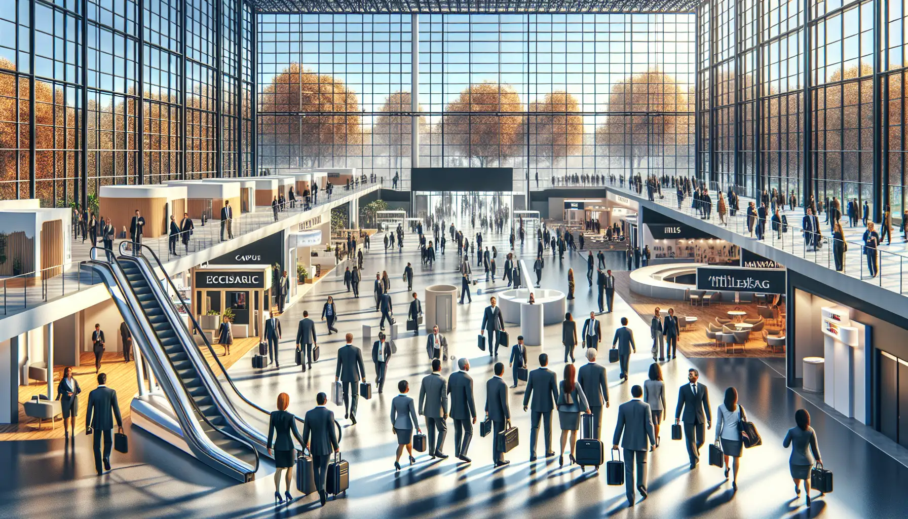 Business travelers arriving at a large London exhibition venue for an international travel trade fair
