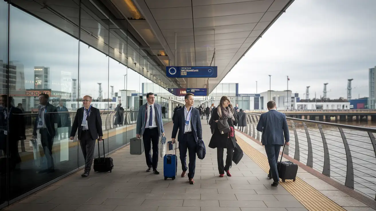 Morning arrivals near ExCeL London during a major trade fair