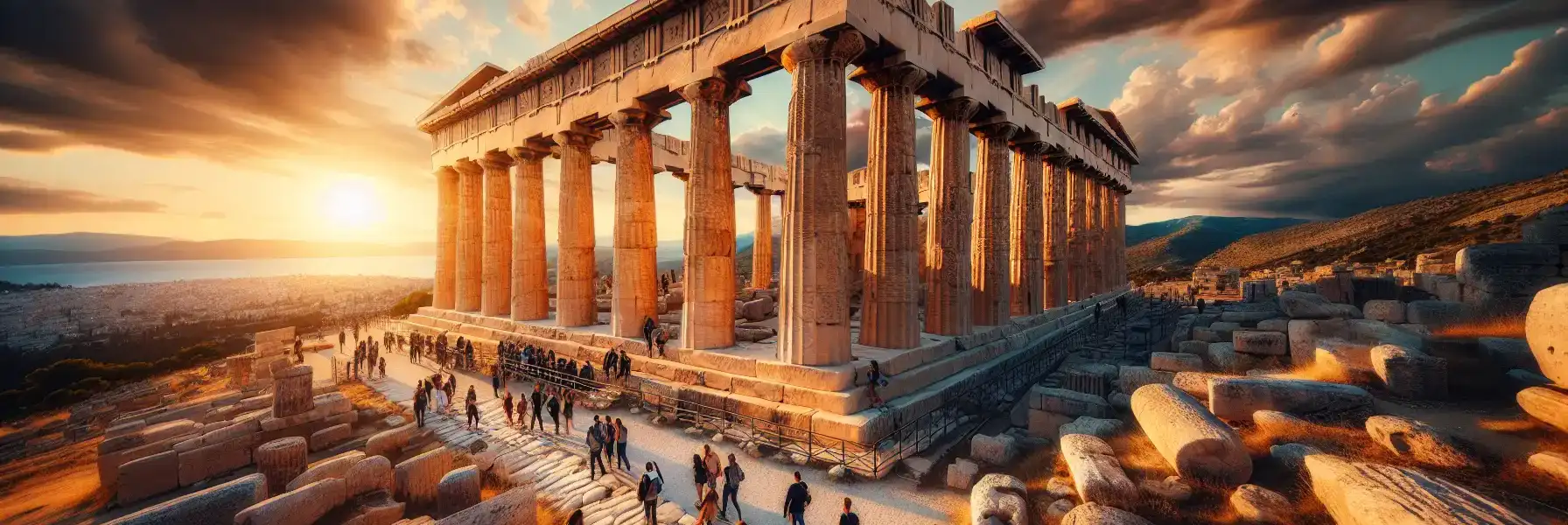 The Parthenon and surrounding ancient temple ruins atop the Acropolis hill at golden hour with Athens sprawling below