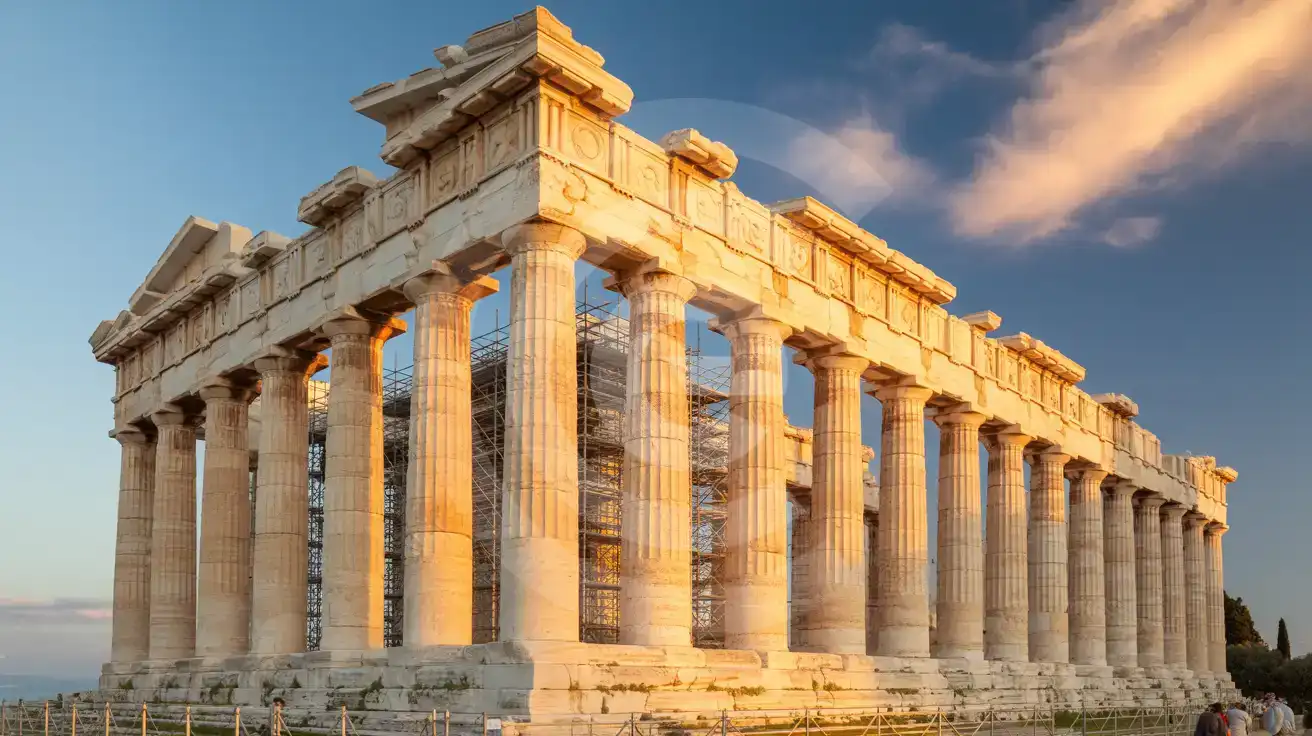 Ancient Greek temple columns illuminated by golden sunset light with restoration scaffolding visible and visitors in the foreground