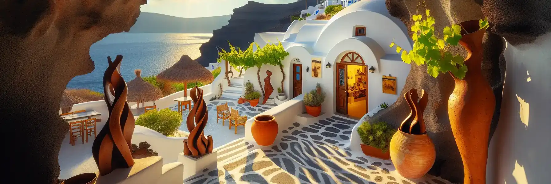 Whitewashed entrance to a cave gallery carved into volcanic rock on Santorini with contemporary sculptures in the courtyard