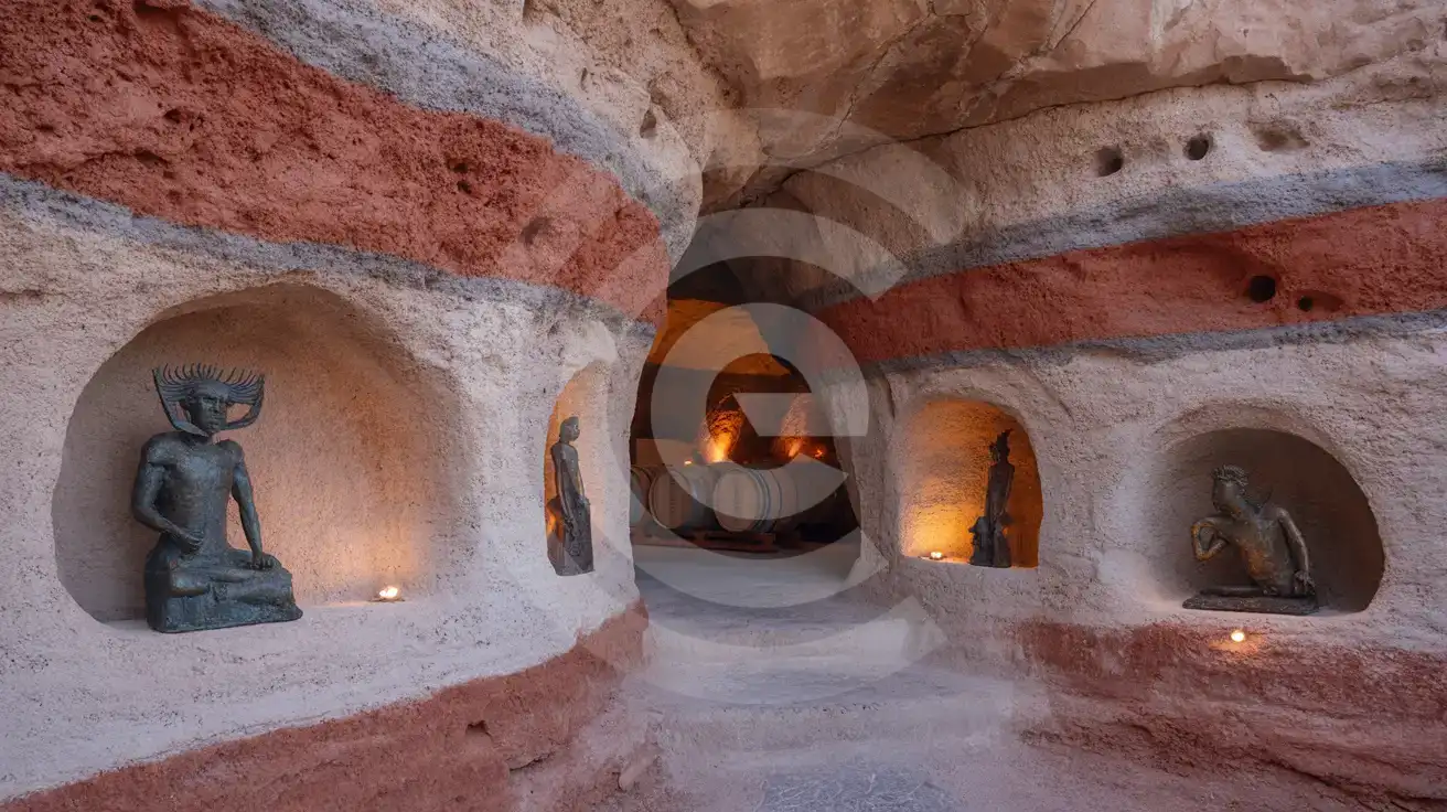 Bronze sculptures mounted in volcanic rock walls inside a cave gallery on Santorini