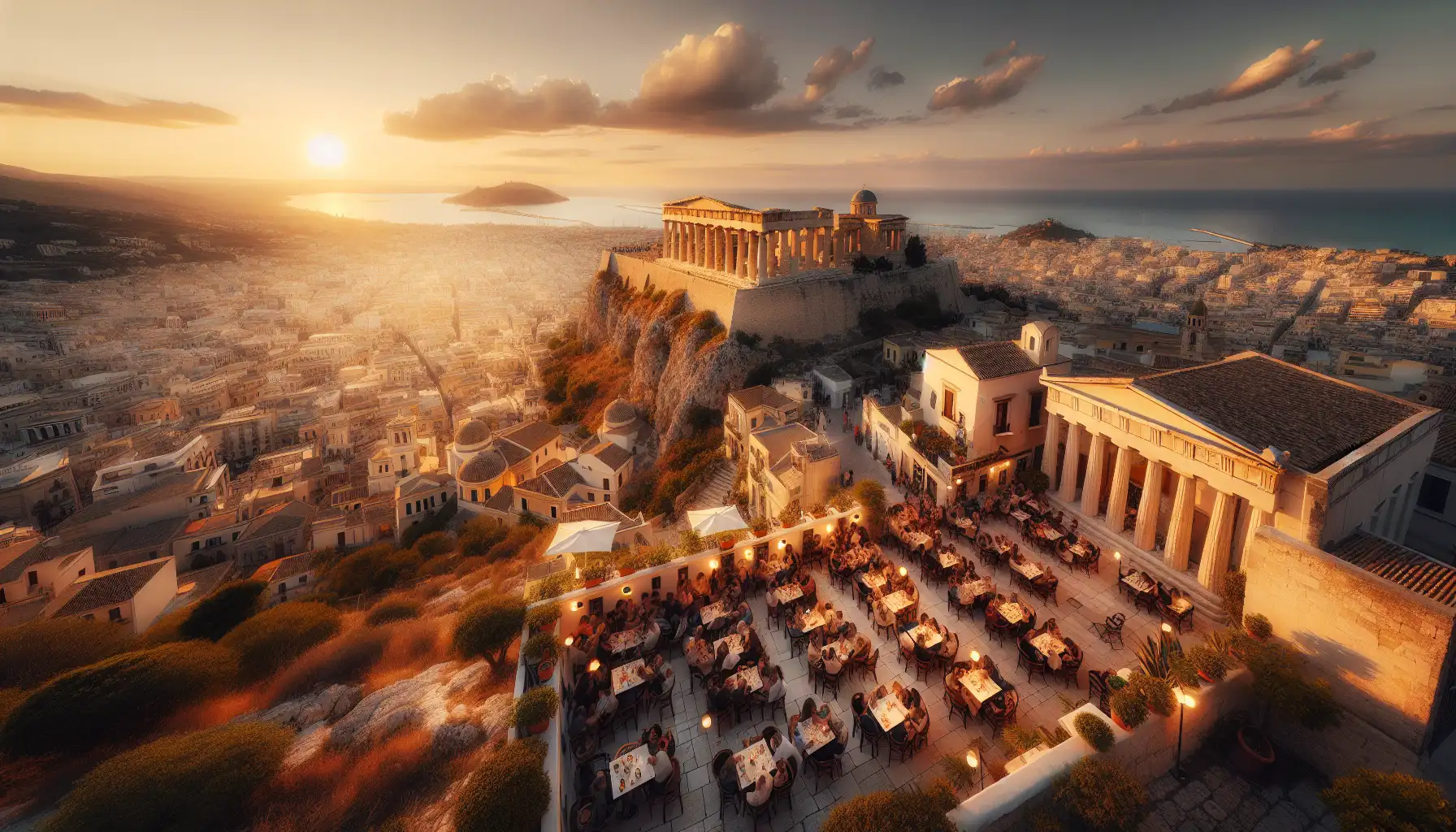 View over Athens with the Acropolis hill, historic neighborhoods, and warm evening light