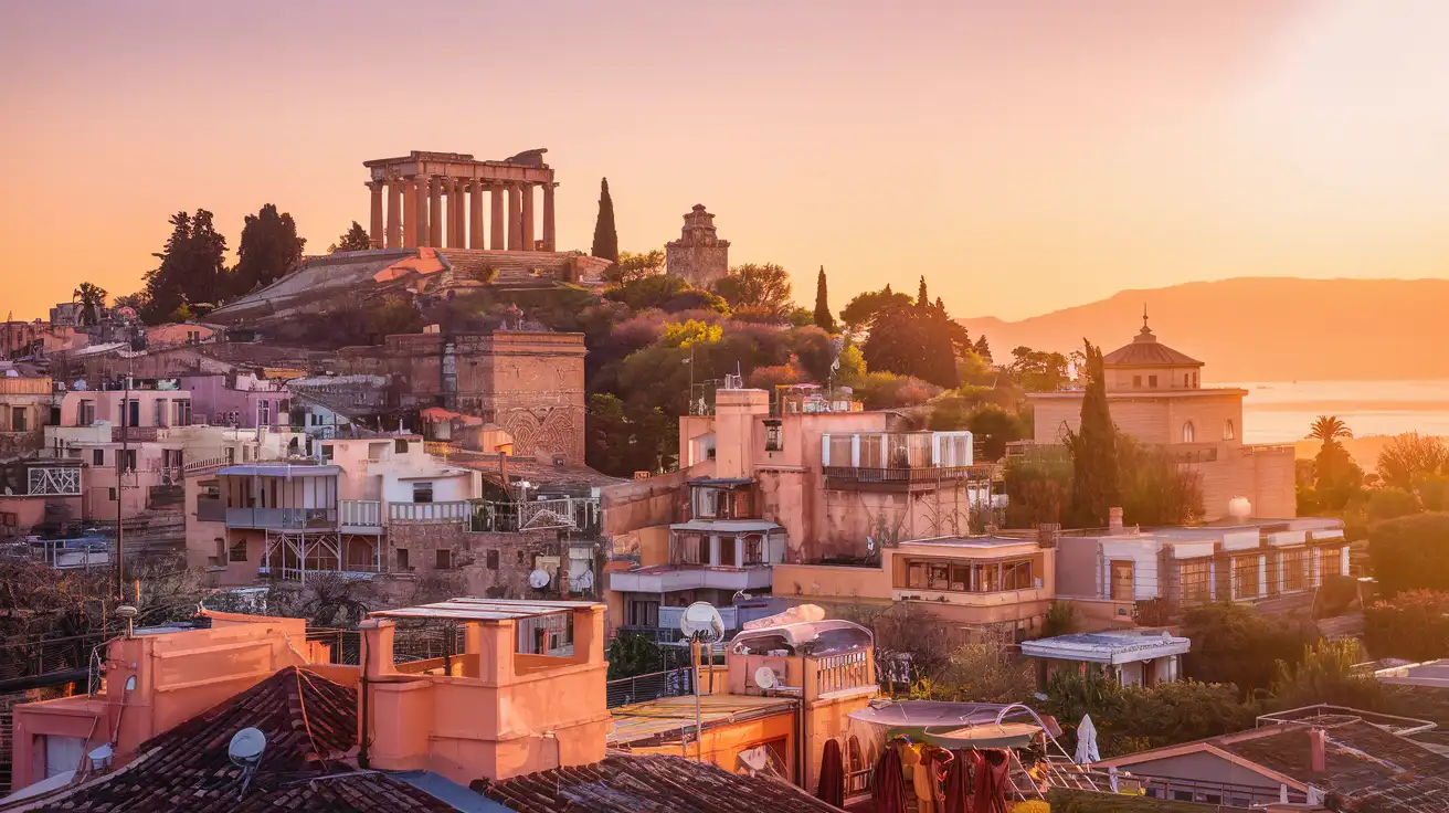 Sunset over Athens with the Acropolis and surrounding neighborhoods