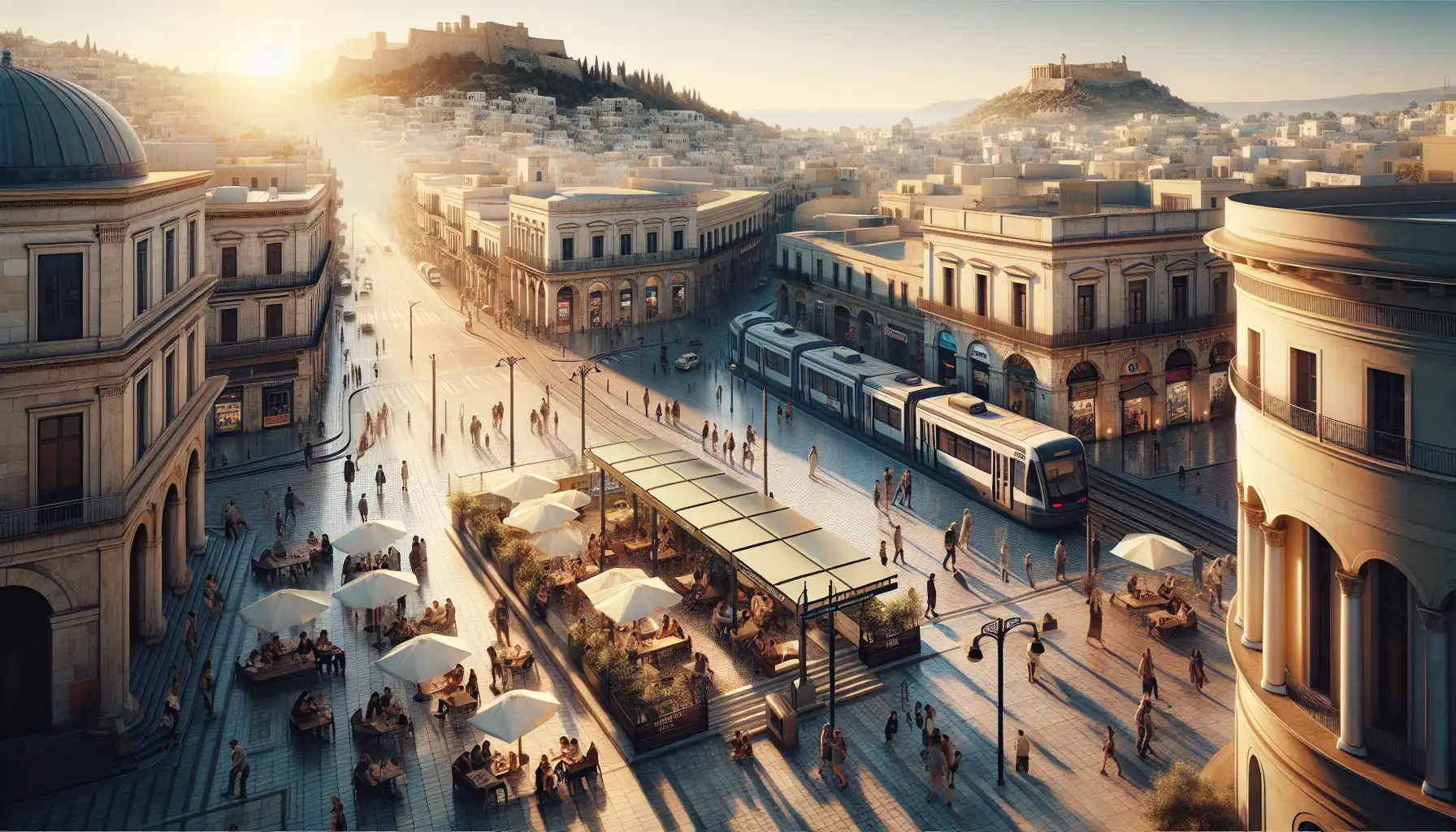 Travelers in central Athens using phones near a metro entrance and cafe terraces