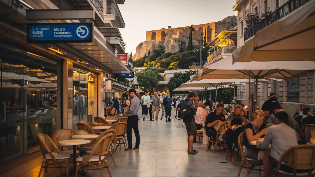 Travelers using mobile phones in central Athens near shops and cafes