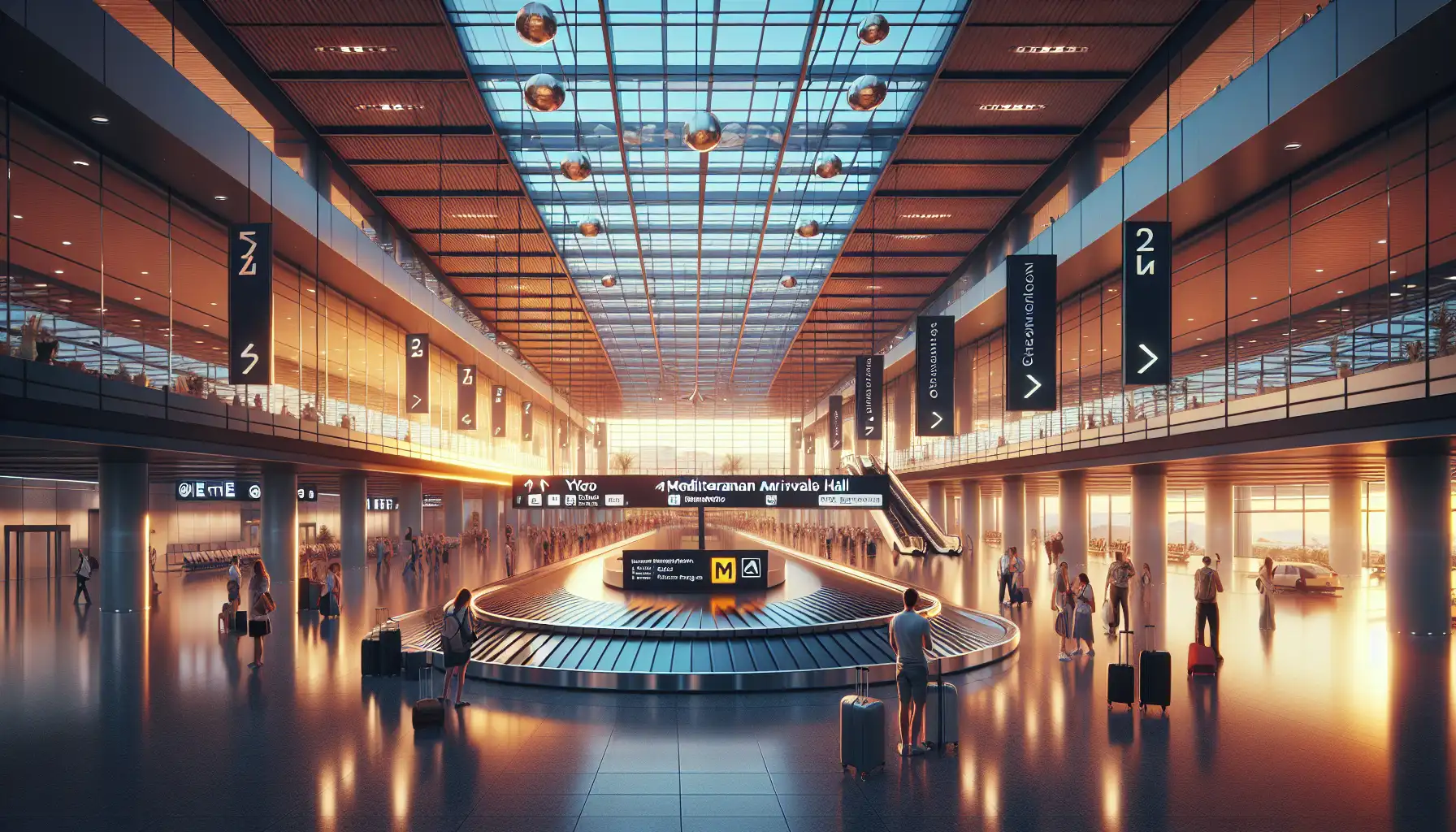 Travelers inside Athens International Airport checking phones near arrivals