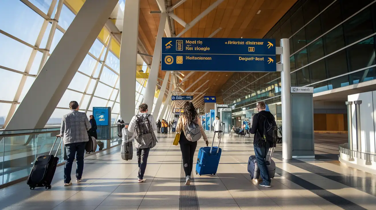 Arrivals area at Athens International Airport with travelers preparing to connect online