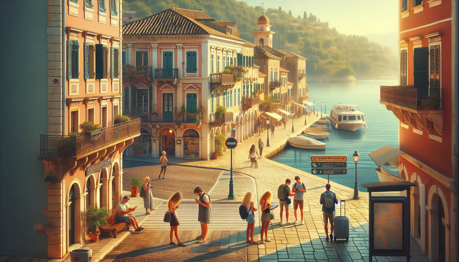 Travelers in Corfu using phones near the waterfront and old town streets