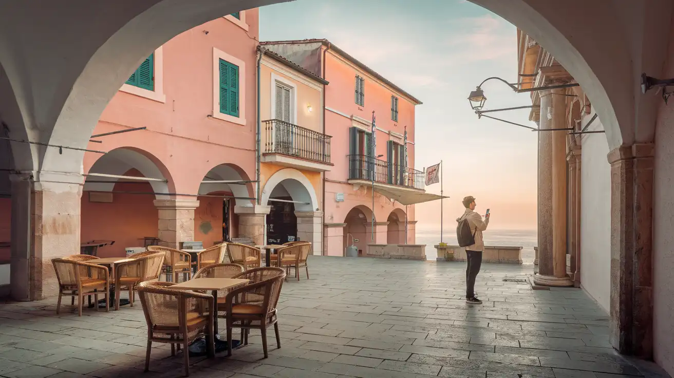 Traveler using phone for navigation in Corfu Old Town near a café square