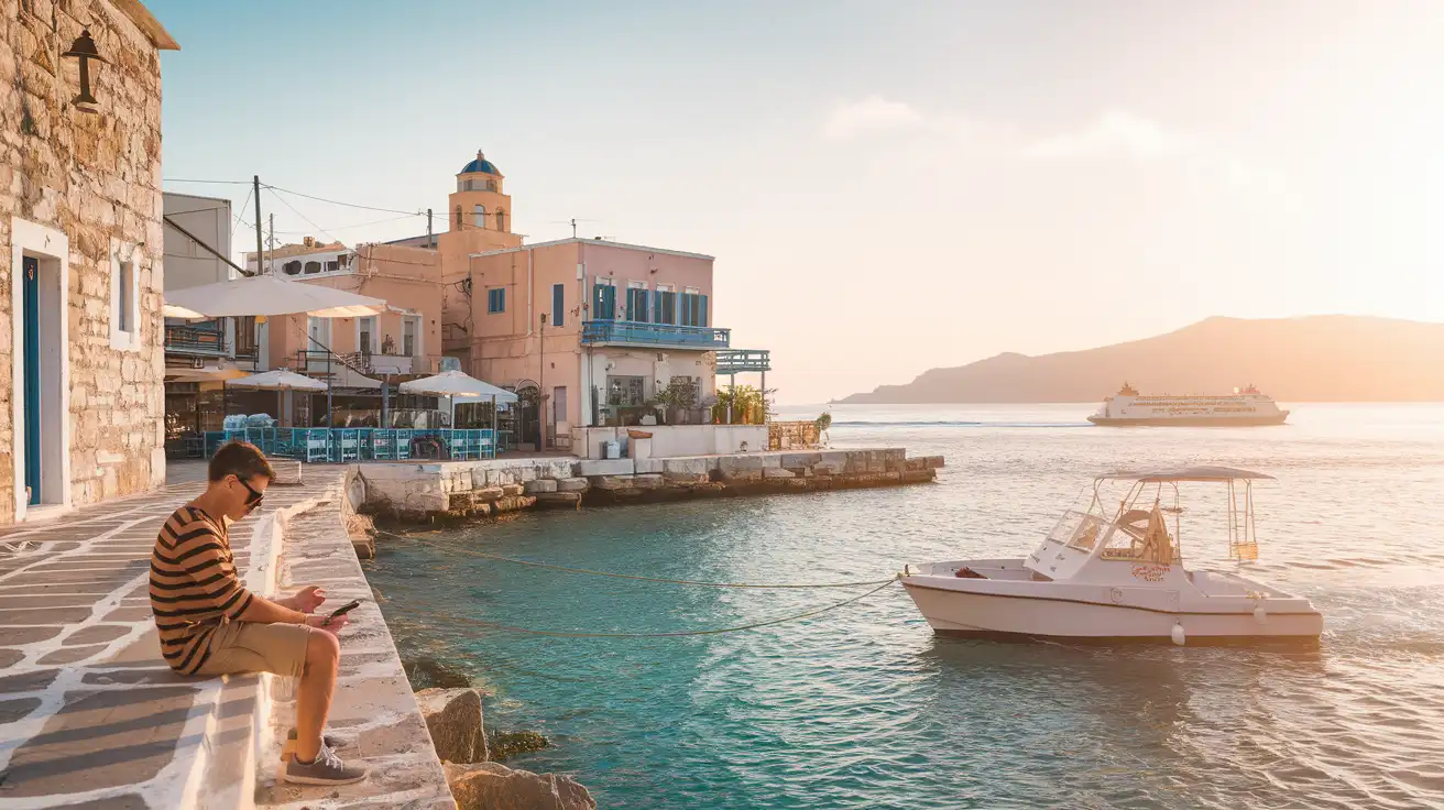 Traveler checking mobile data near a harbor in Crete