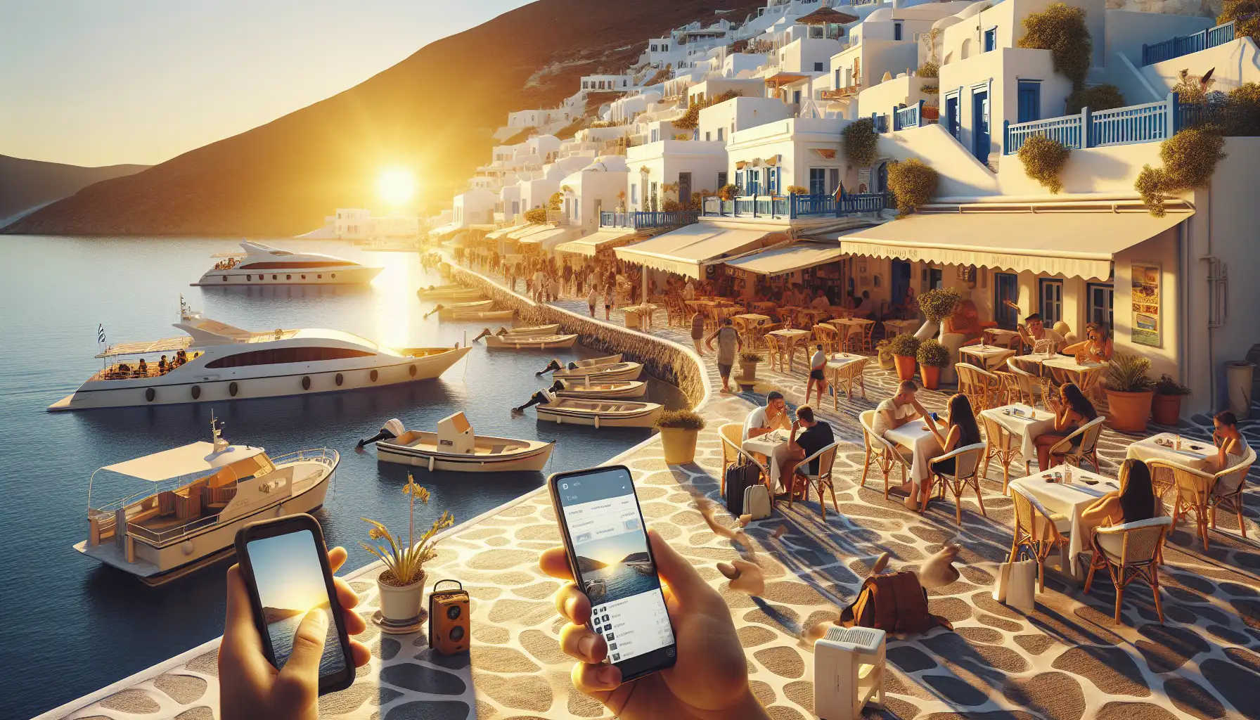 Travelers at a Greek ferry port using phones with sea and whitewashed buildings in the background