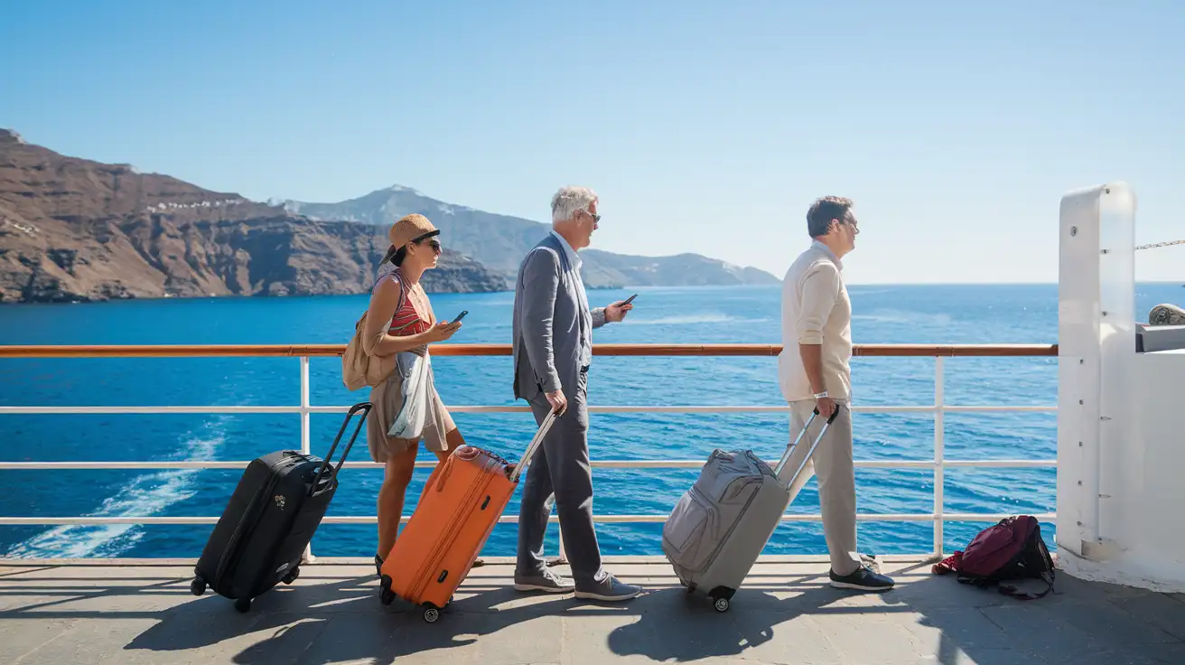 Travelers at a Greek ferry terminal checking phones before boarding