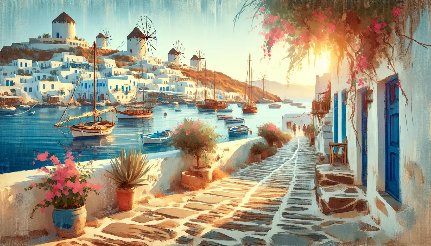 Whitewashed Mykonos streets with sea views and windmills at golden hour