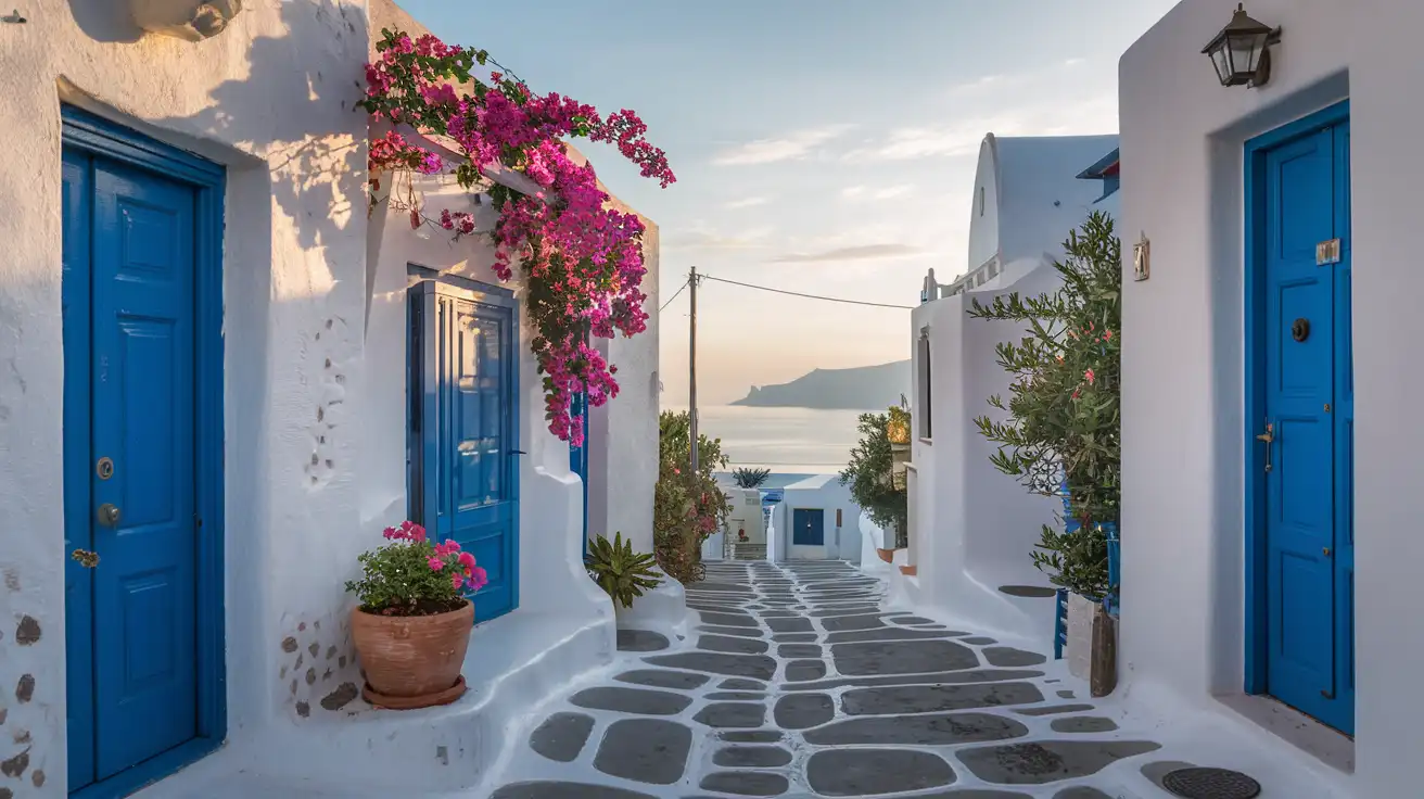 Whitewashed lane in Mykonos Town with blue doors and bougainvillea