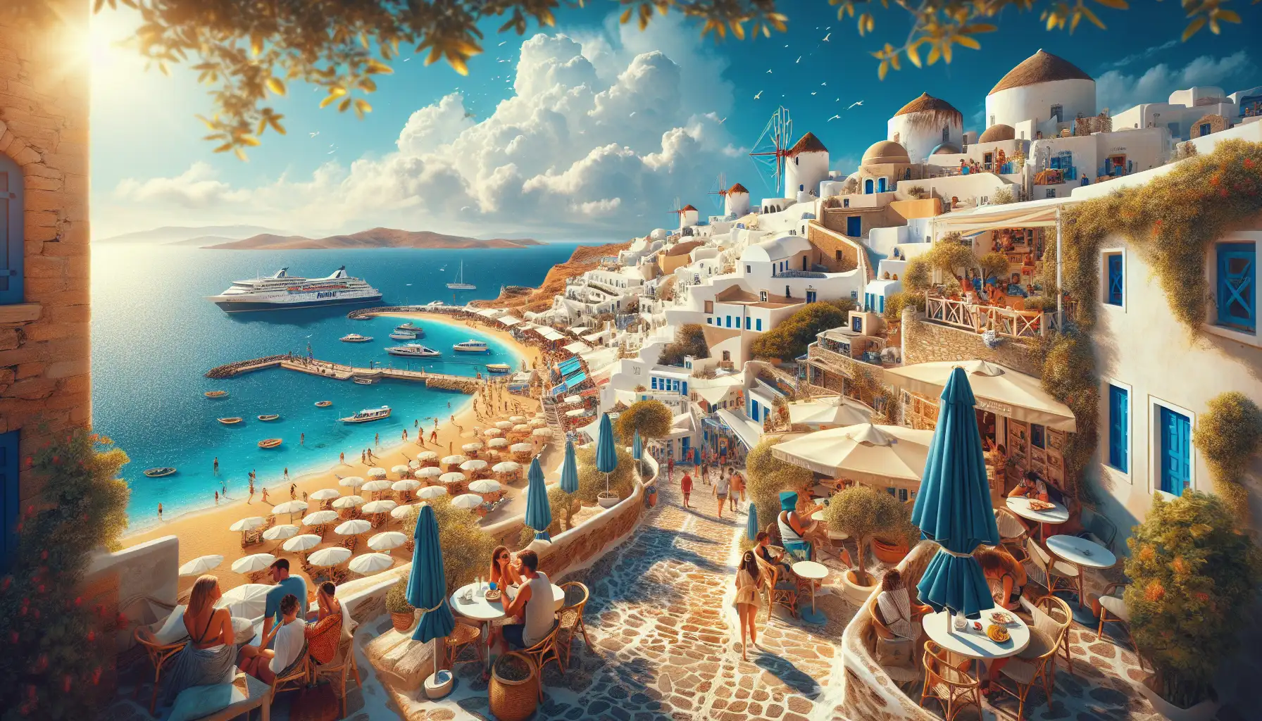 Travelers in Mykonos using phones near whitewashed streets, harbor views, and windmills