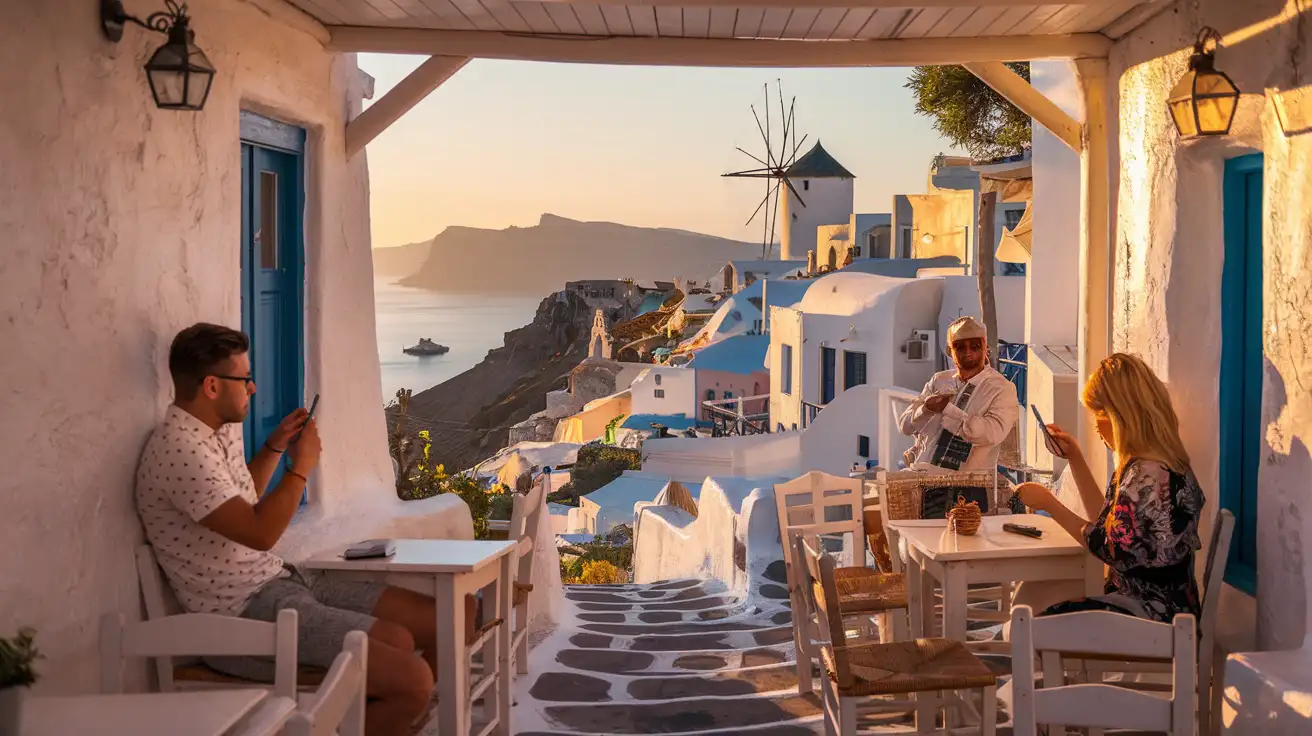 Travelers checking directions in Mykonos Town near the waterfront at sunset