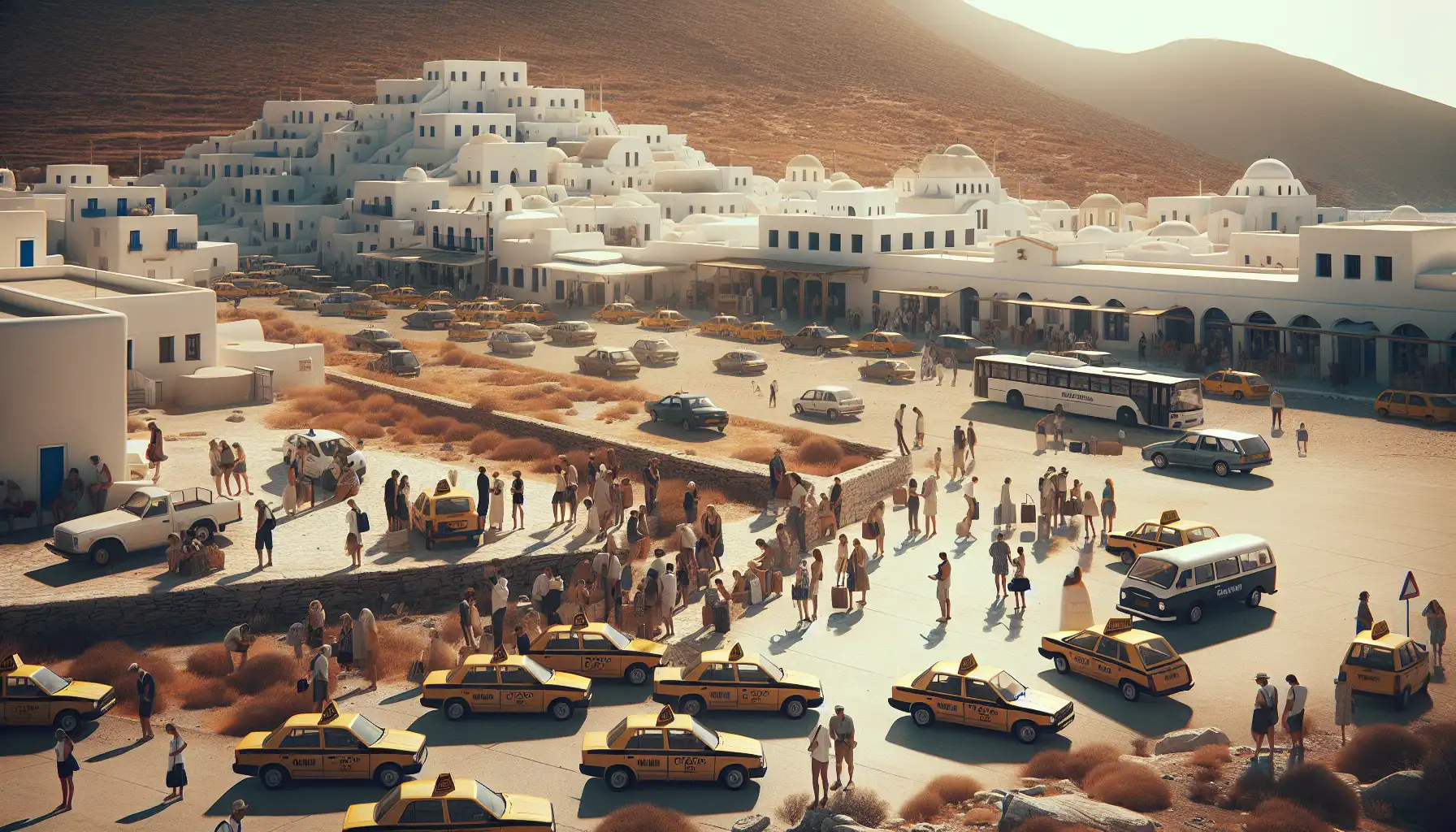 Travelers outside Mykonos International Airport checking phones in bright summer light