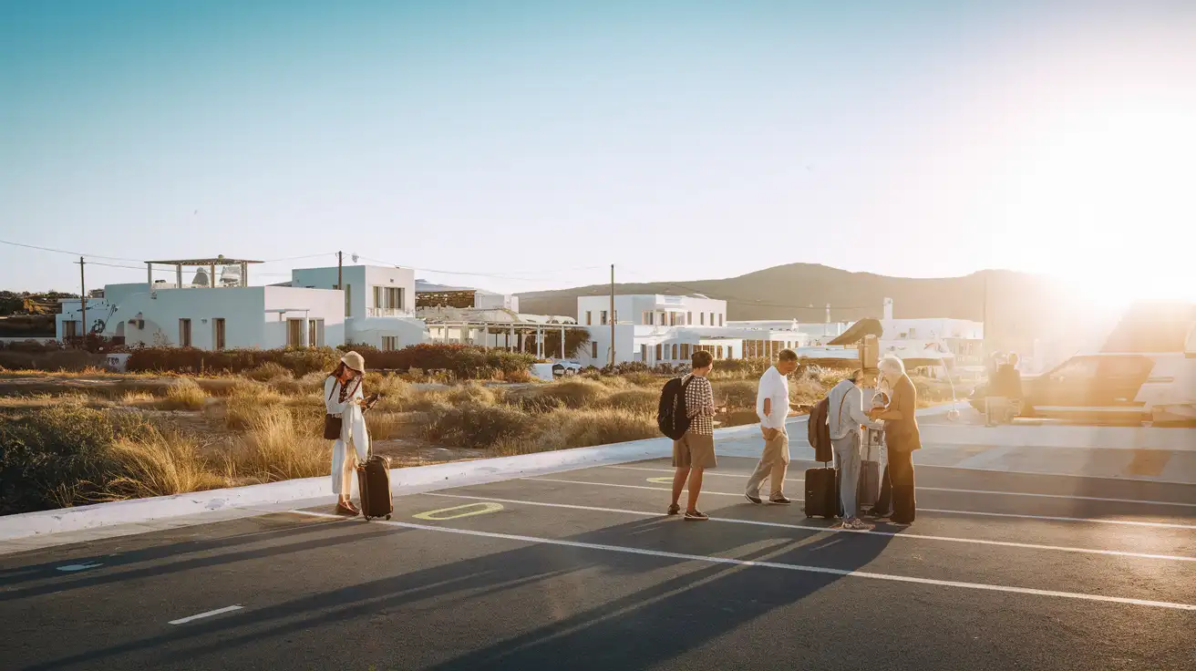 Arriving travelers outside Mykonos airport using phones for directions