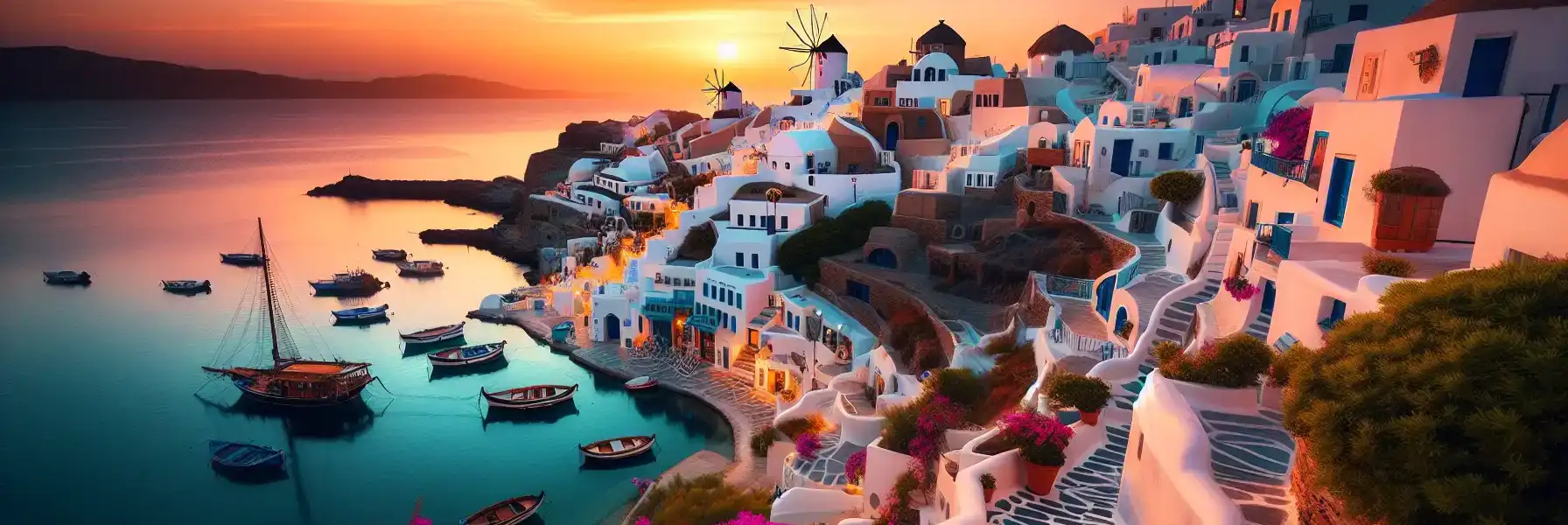 Whitewashed Cycladic buildings of Mykonos Town cascading toward the harbor at sunset with traditional windmills visible on the hilltop