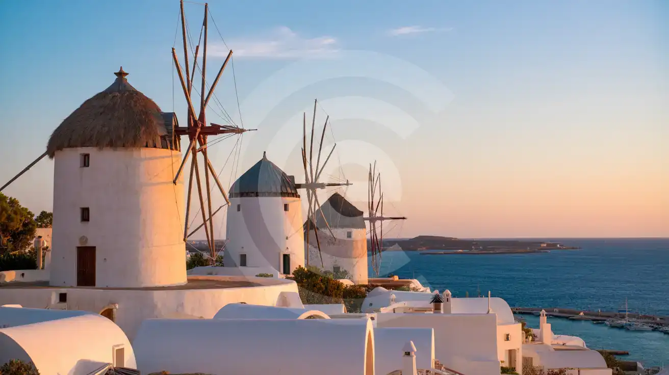 Traditional Cycladic windmills overlooking the harbor of a Greek island town at sunset