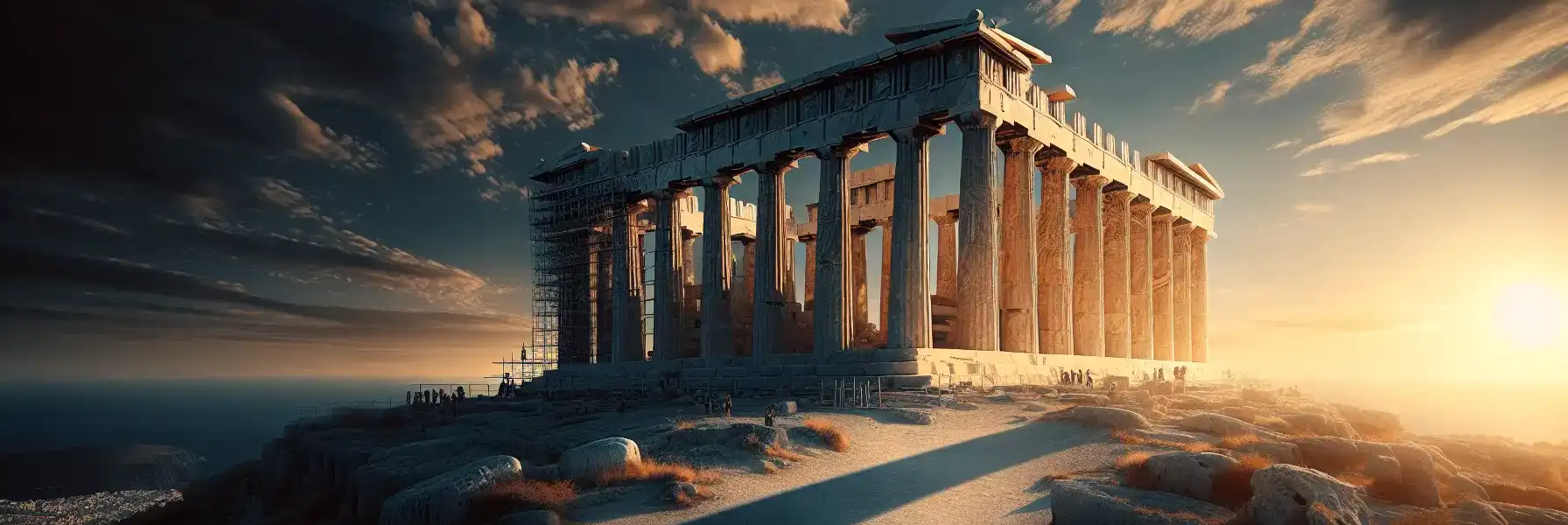 The Parthenon temple illuminated by golden sunset light with its iconic Doric columns casting long shadows across the Acropolis plateau