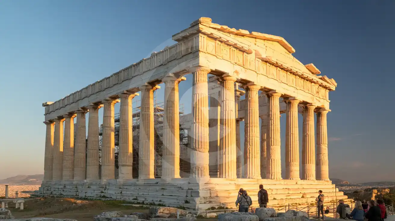 The Parthenon temple bathed in golden sunset light with tourists walking among the Doric columns
