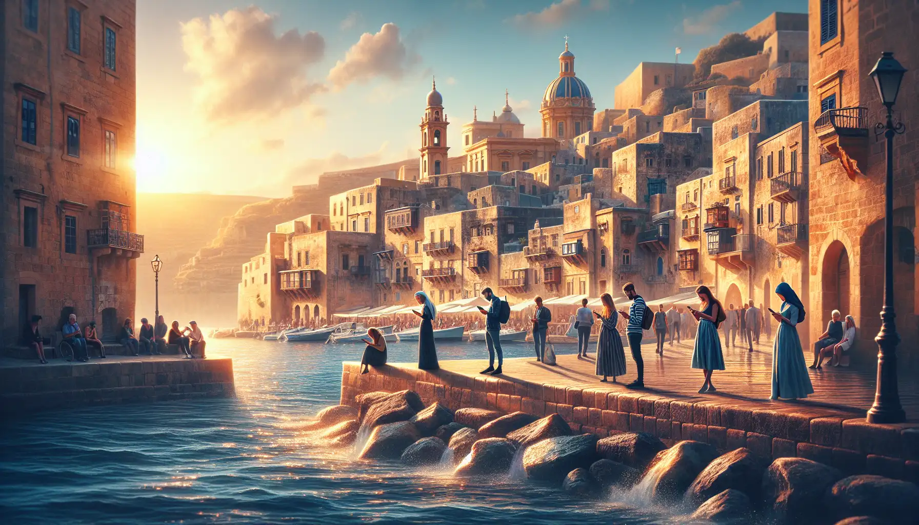 Travelers using phones near Rhodes harbor with the medieval city in the background