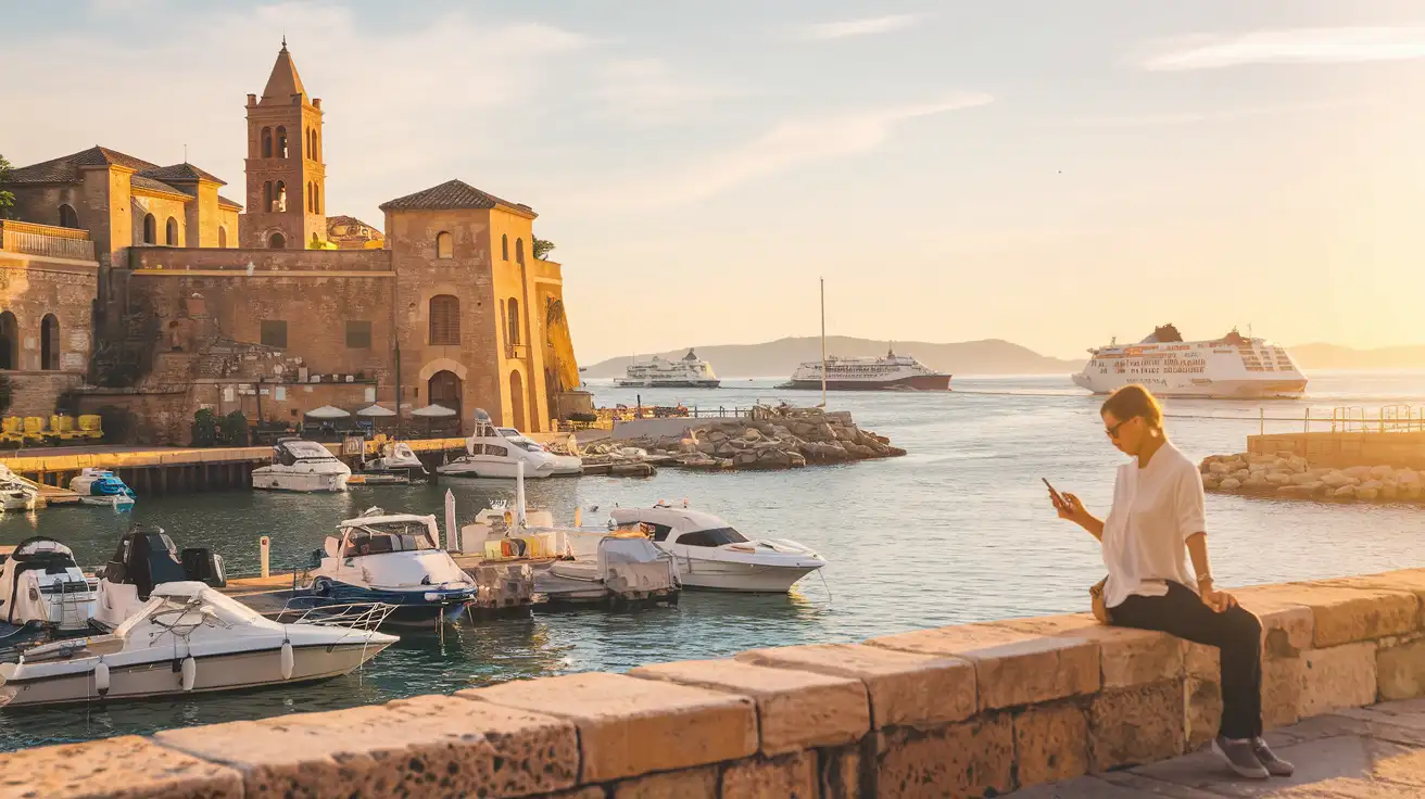 Traveler checking phone near Rhodes harbor and old stone walls