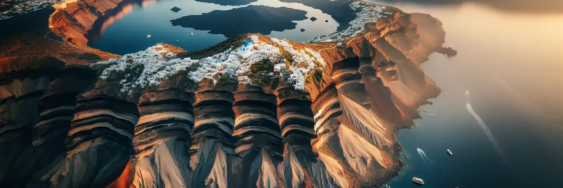 Aerial view of Santorini's volcanic caldera at sunset with whitewashed cliff villages overlooking deep blue waters and volcanic islands