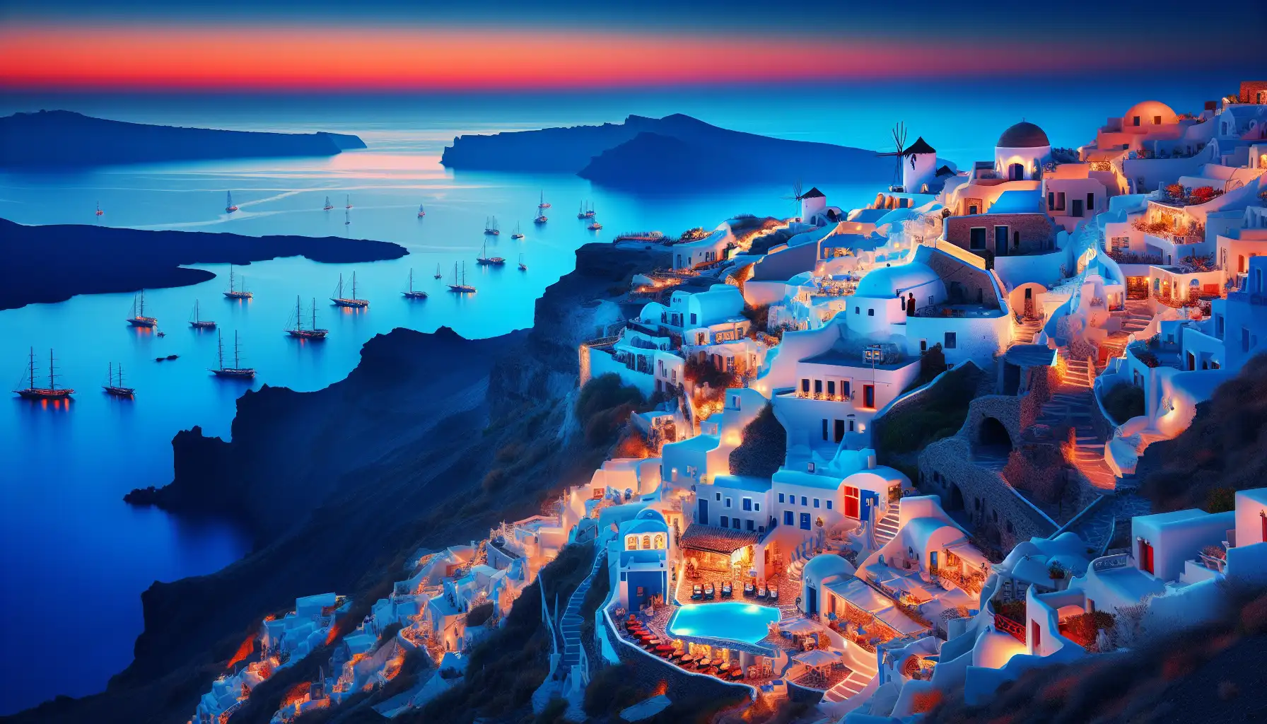 Cliffside Santorini village overlooking the caldera at sunset
