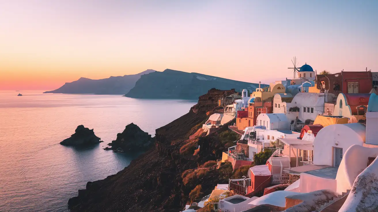 Santorini caldera glowing in late evening light