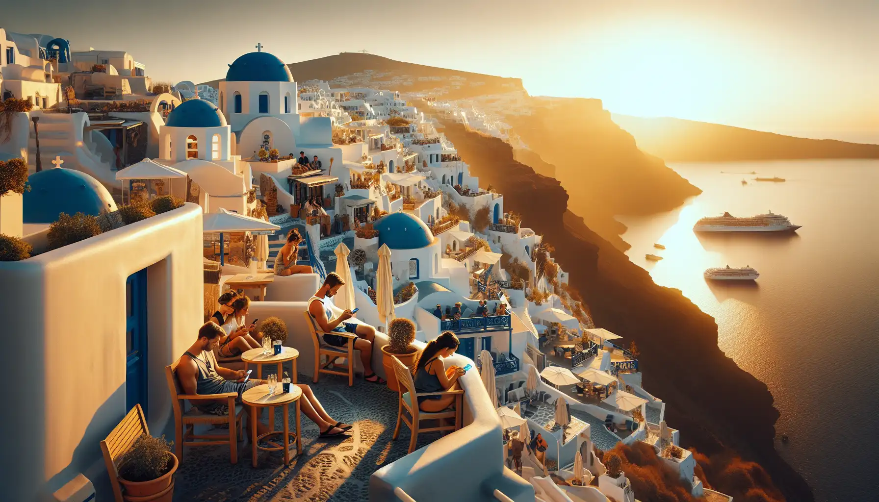 Cliffside Santorini view with travelers using phones above the caldera at sunset